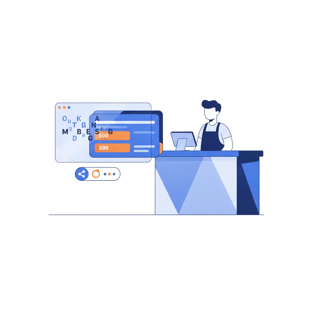 A shop owner at a counter as a membership card with two pricing tiers and a share link assemble themselves from a typed sentence on a screen