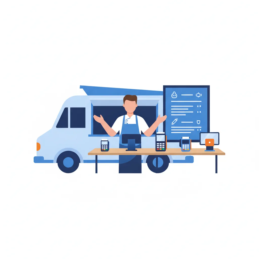 Food truck operator weighing four POS card readers side by side on a serving counter with a menu board behind