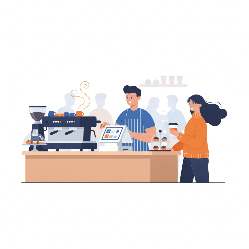 Barista ringing up a coffee order on a compact tablet POS at a cafe counter during a morning rush