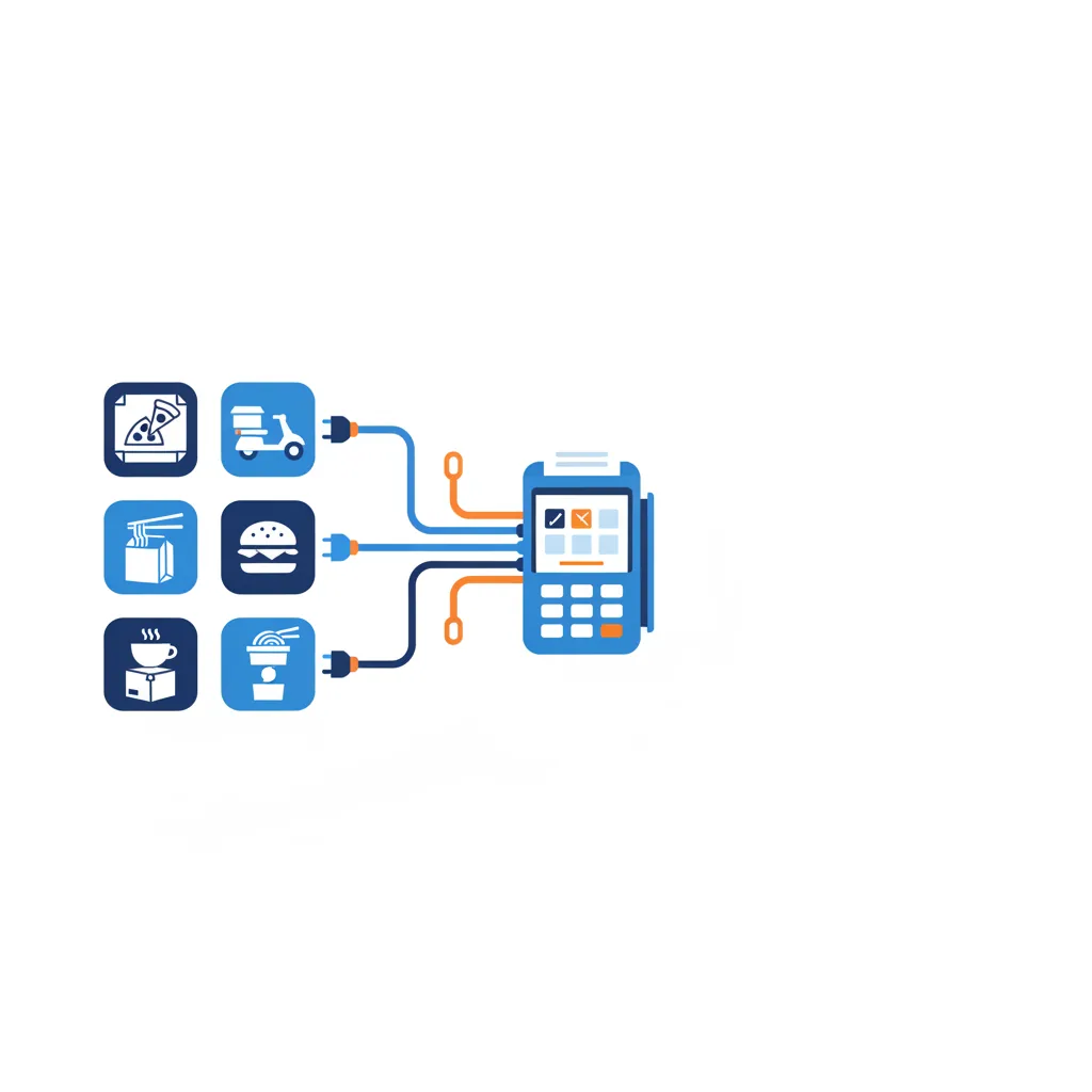 Generic food-delivery app tiles plugging into a single point-of-sale terminal