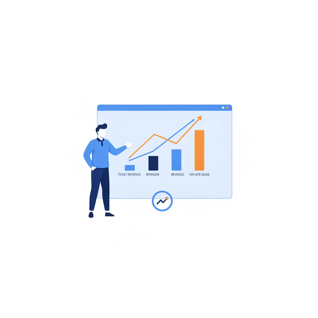 Event leader presenting a unified post-event ROI dashboard combining ticket, sponsor, and on-site sales revenue on one screen