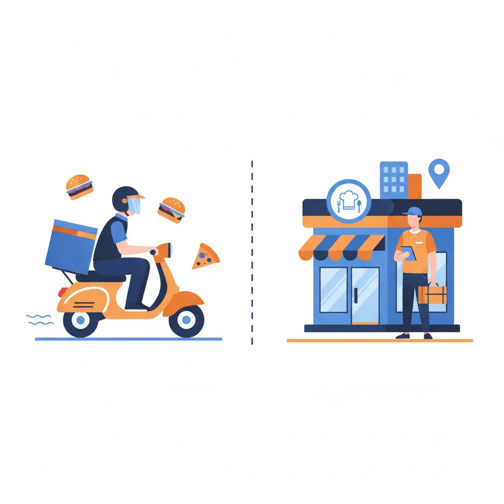A delivery-app courier on a scooter beside a restaurant with its own in-house delivery driver