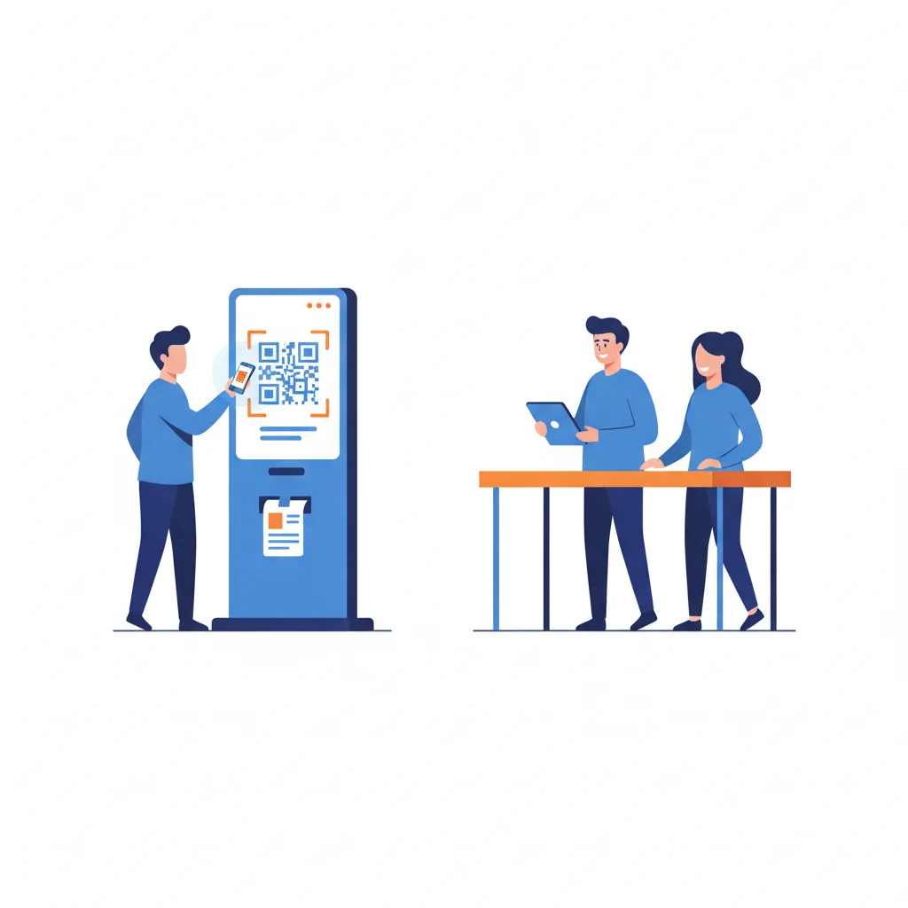 Attendee scanning a QR code at a self-serve check-in kiosk while a badge prints and staff handle a walk-up registration