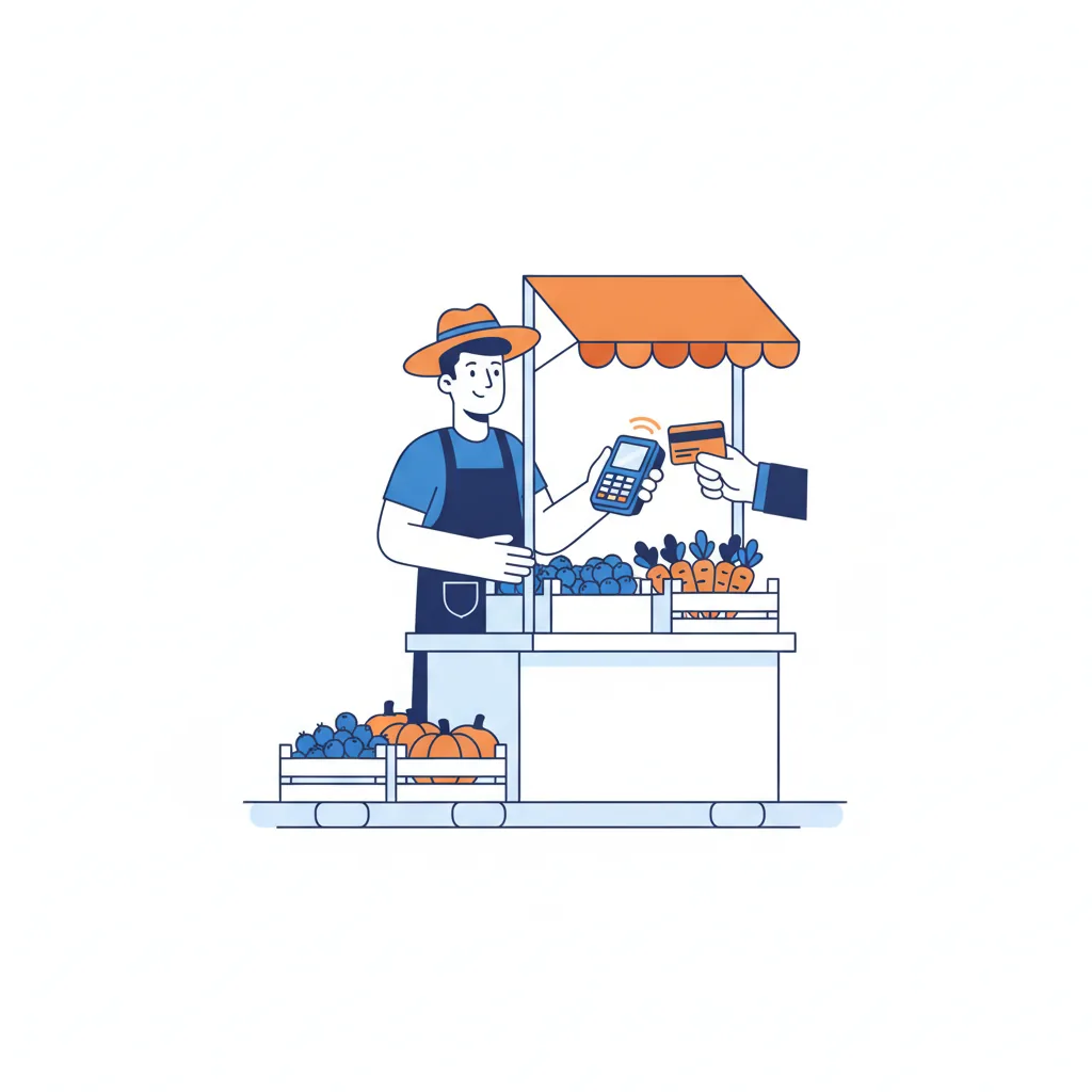 Farmers market vendor at an outdoor produce stall taking a contactless card tap on a mobile reader beside crates of vegetables