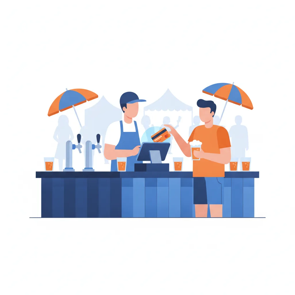 Bartender tapping a card on a tablet POS at a busy outdoor festival beer garden with taps and cups on the counter