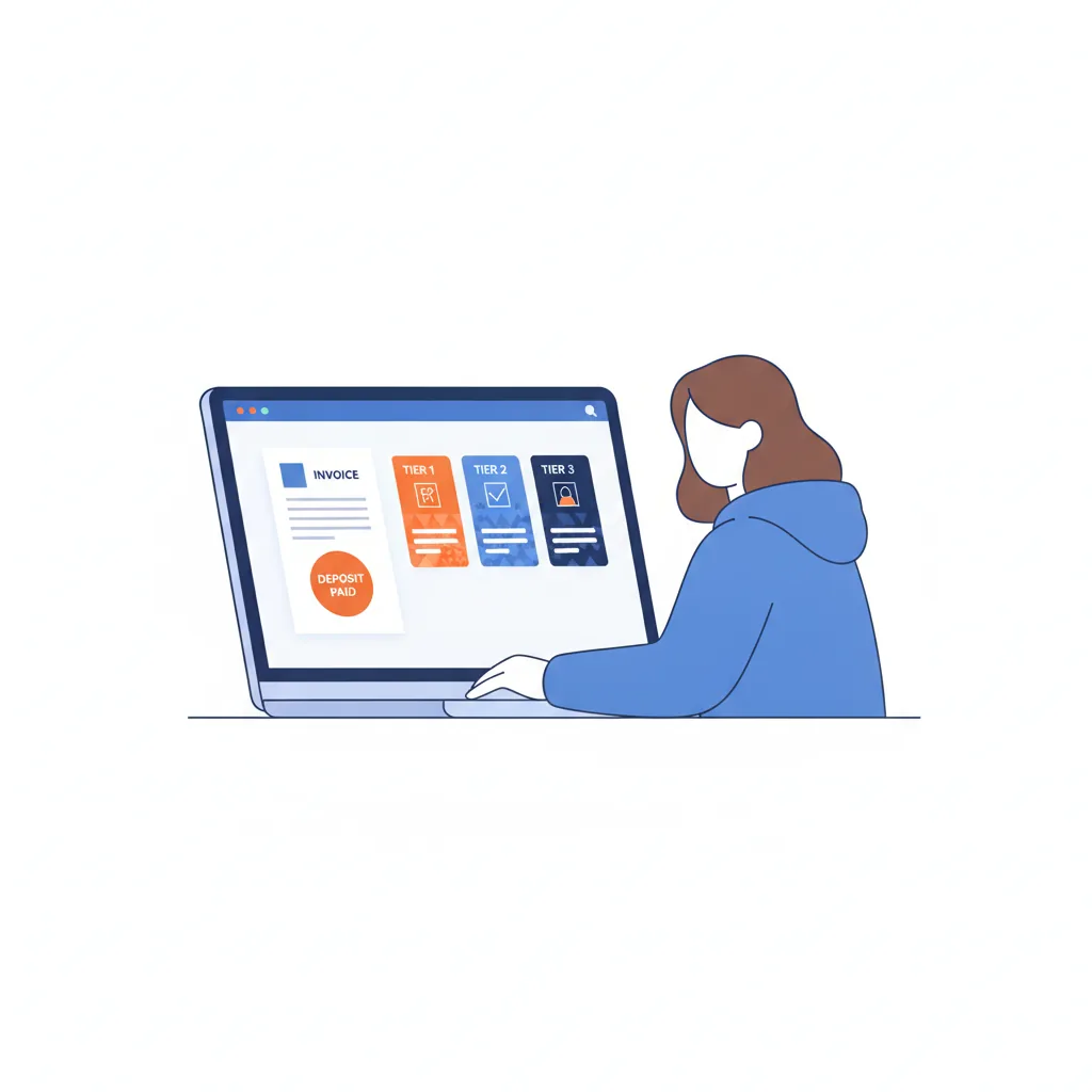 Festival organizer at a laptop reviewing a branded sponsorship invoice with tiered package options on screen