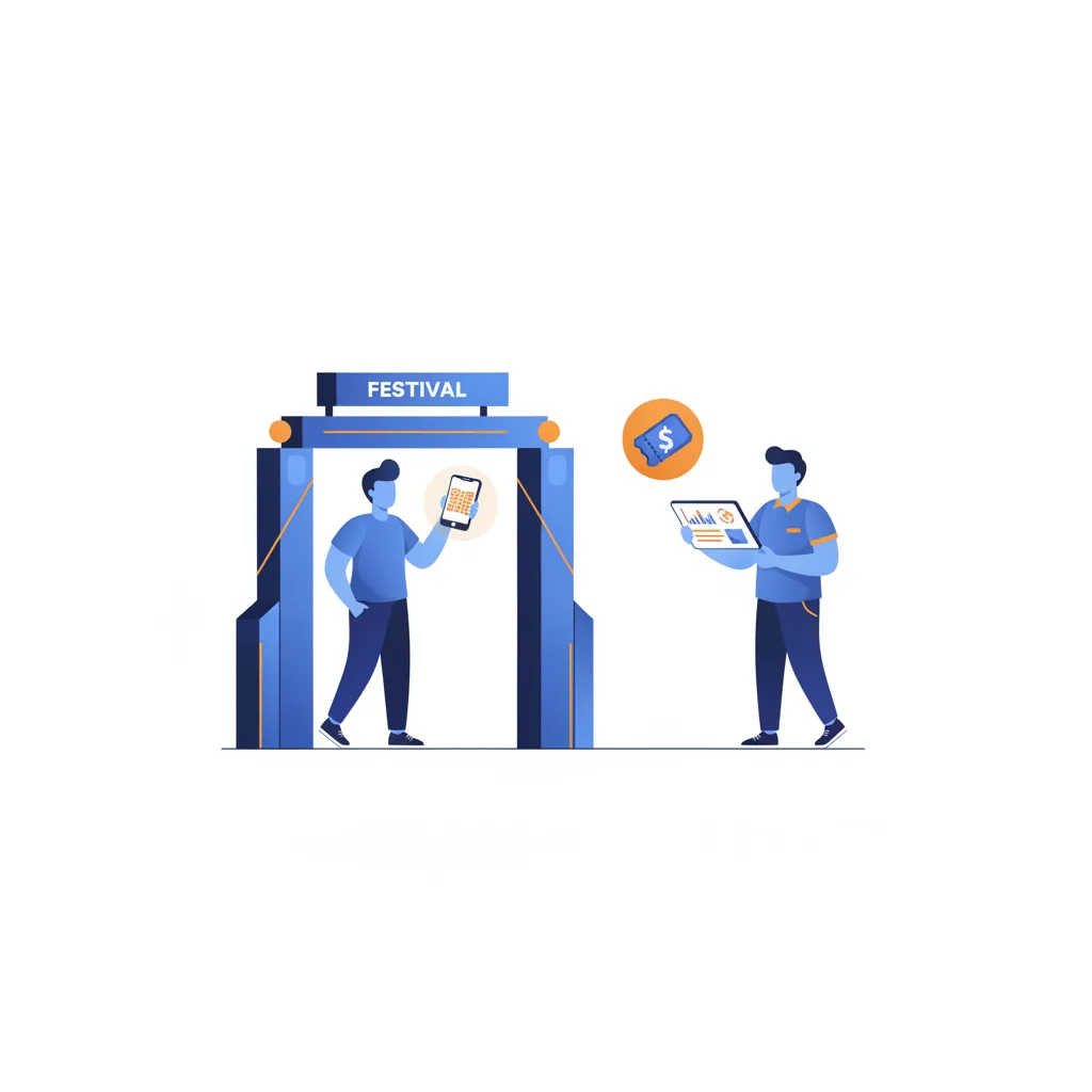 Attendee scanning a phone ticket QR code at a festival entrance gate while a staffer checks a tablet