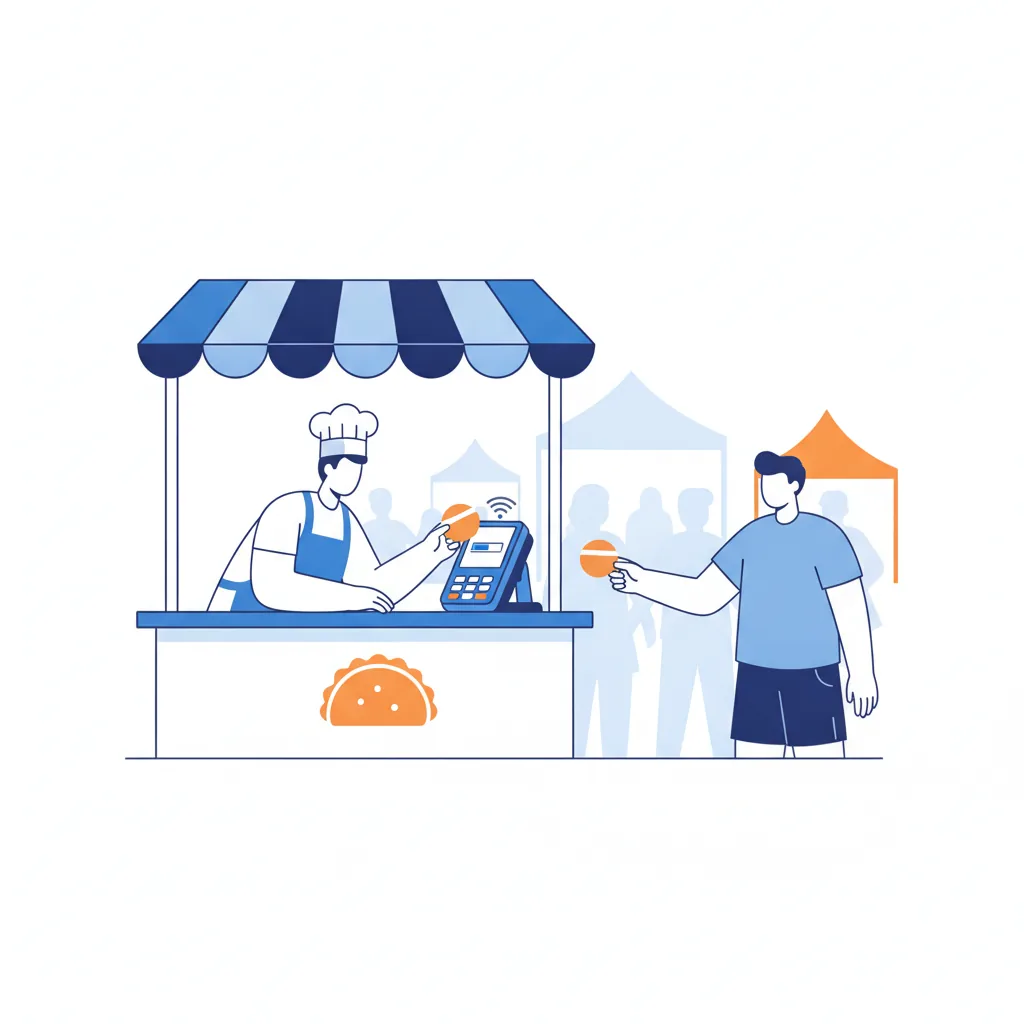 Food truck worker tapping a customer card at a festival stall with a weak-signal phone icon overhead
