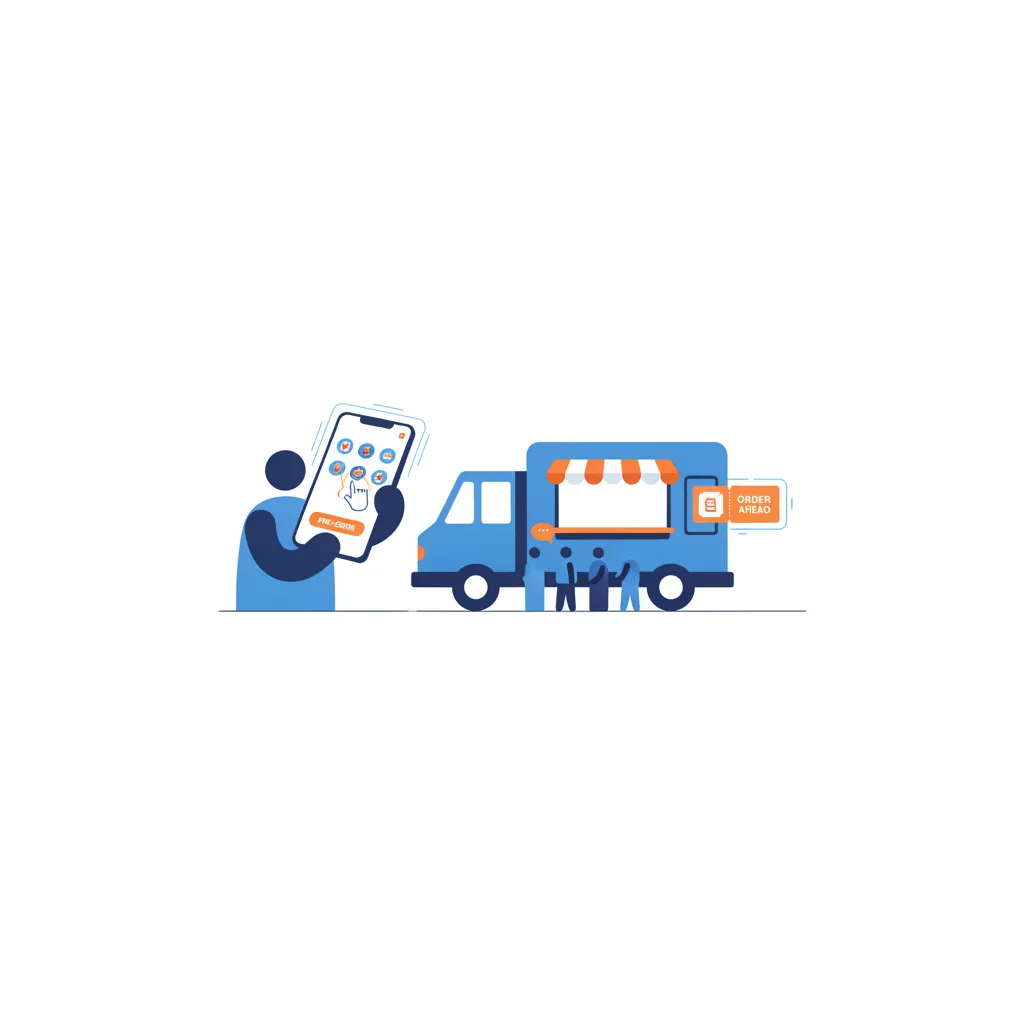 Customer placing a phone pre-order for a food truck while a short pickup line waits at the window