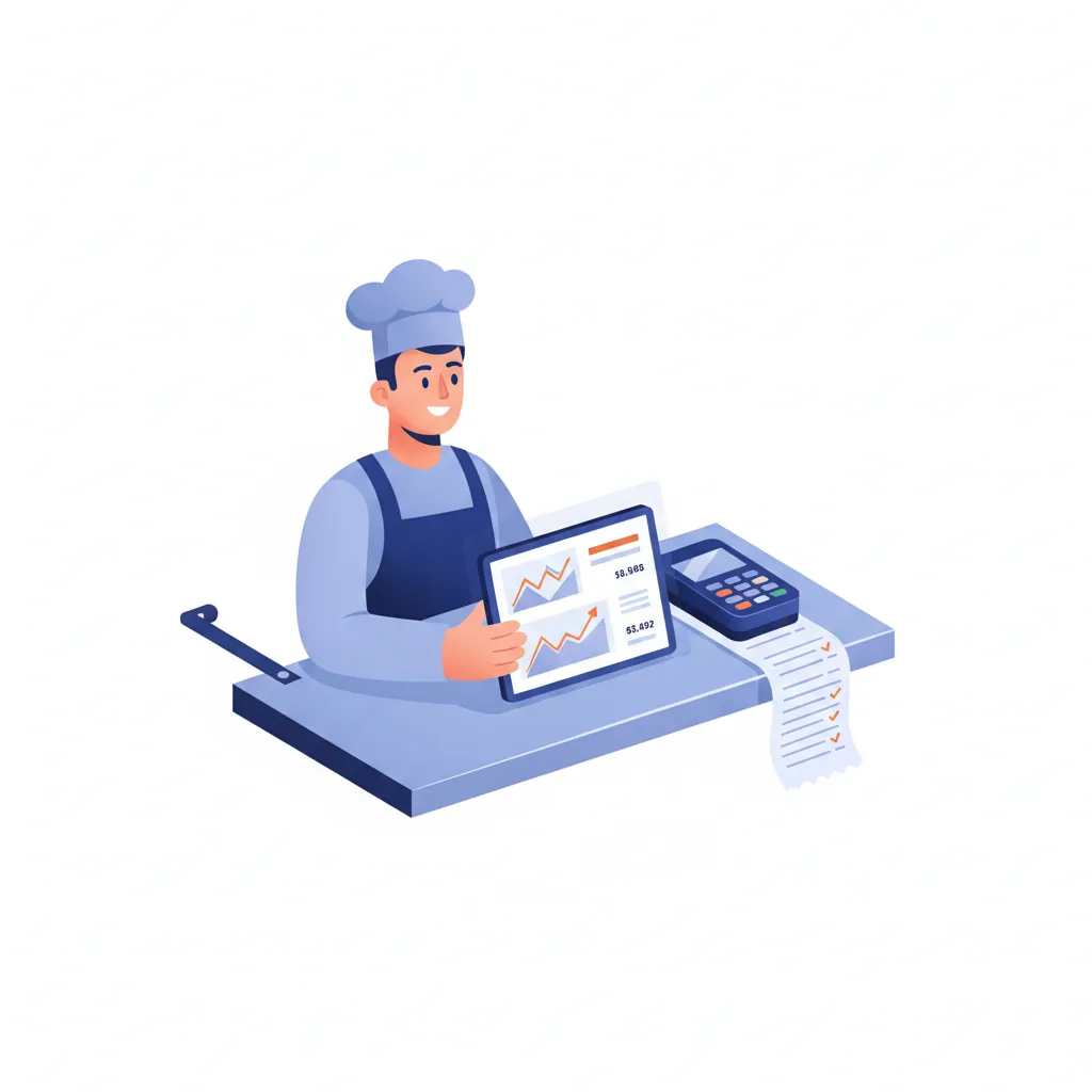 Food truck owner comparing POS fee statements on a tablet at a fold-out counter beside a card reader and receipt