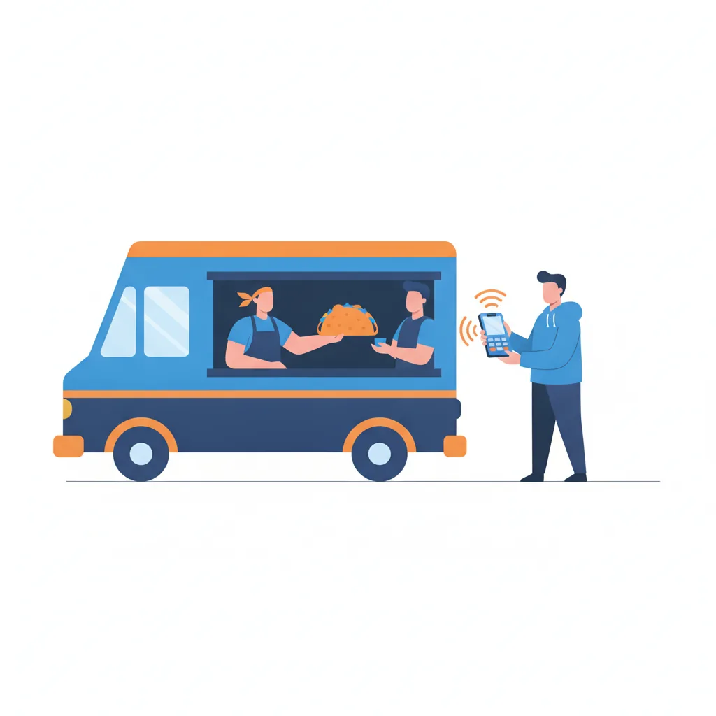 Food truck worker handing a taco through the service window while a customer taps a phone to a handheld card reader