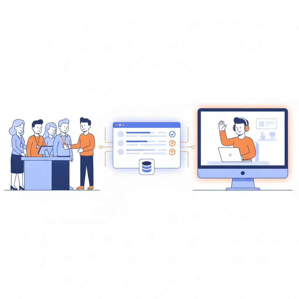 Split scene of an in-person conference check-in desk and a remote attendee joining online, unified on one registration dashboard