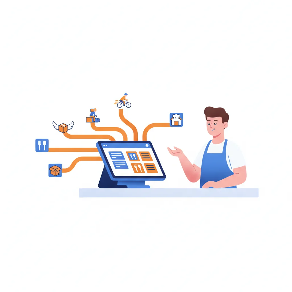 A restaurant worker at a point-of-sale tablet as delivery orders from several apps funnel into one screen