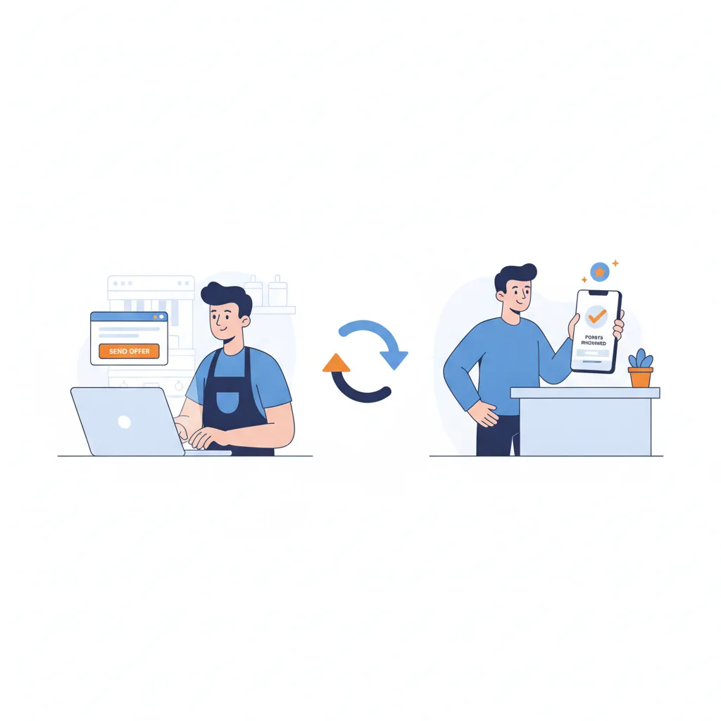 Restaurant owner sending a loyalty email offer from a laptop while a regular guest redeems points at the counter