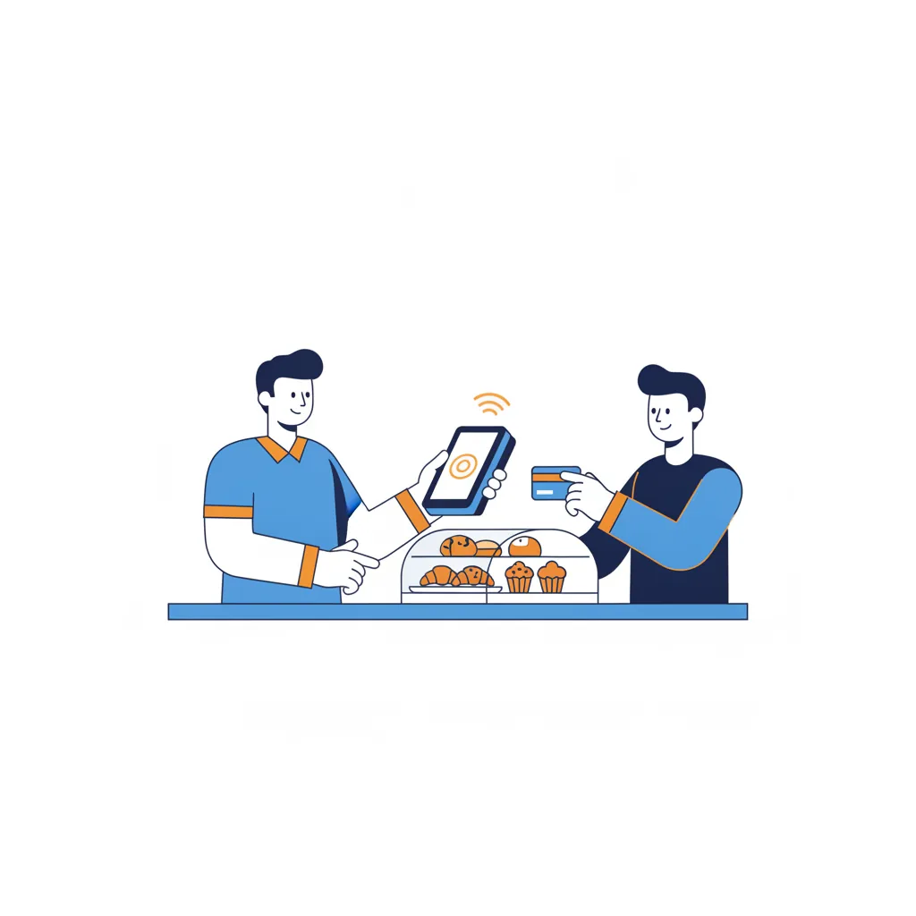 Cafe owner taking a contactless card tap on a countertop POS terminal beside a pastry case