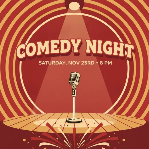 Event poster for a comedy night at a venue
